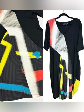 Ozai N Ku Cocoon Dress Spray Pattern Colorful Lagenlook Art to Wear Medium